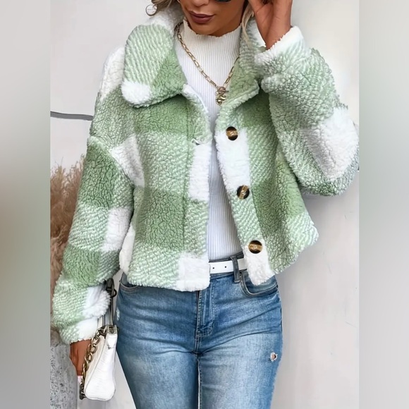 New Teddy Plaid Mint Green White Coat Button Front Long Sleeve Outerwear NWT - Picture 4 of 13